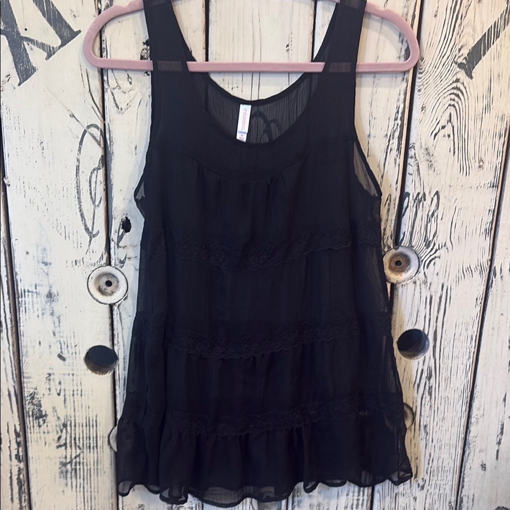 Xhilaration Black Sheer Tiered Ruffled Tank Top